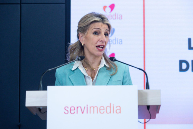 La vicepresidenta segunda y ministra de Trabajo y Economía Social, Yolanda Díaz, inaugura la jornada 'Los retos y el futuro del trabajo autónomo', en la Torre ILUNION, a 6 de marzo de 2024, en Madrid (España).