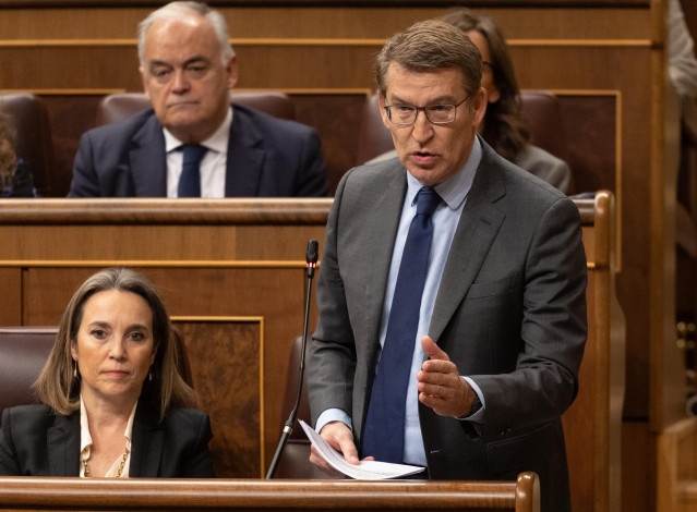 El líder del PP, Alberto Núñez Feijóo, interviene durante una sesión de control al Gobierno, en el Congreso de los Diputados, a 28 de febrero de 2024, en Madrid (España). La implicación de Koldo García Izaguirre, que fue asesor del exministro socialista J