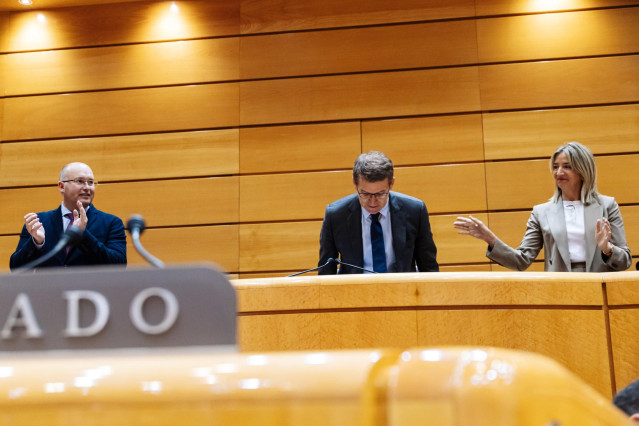 Archivo - El presidente del Partido Popular, Alberto Núñez Feijóo (c), junto al portavoz del PP en el Congreso, Miguel Tellado (i) y la portavoz del PP en el Senado, Alicia García (d), durante la reunión de los grupos parlamentarios del PP del Congreso y