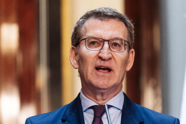 El presidente del Partido Popular, Alberto Núñez Feijóo, presenta una iniciativa en la Cámara Alta del Senado, a 29 de febrero de 2024, en Madrid (España).