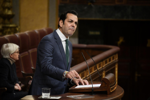 El portavoz de energía del Grupo Parlamentario Popular en el Congreso, Juan Diego Requena, interviene durante una sesión plenaria, en el Congreso de los Diputados, a 29 de febrero de 2024, en Madrid (España).