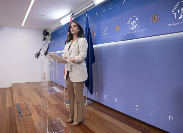 La portavoz de VOX en el Congreso, Pepa Millán, durante una rueda de prensa anterior a la reunión de la Junta de Portavoces, en el Congreso de los Diputados, a 12 de marzo de 2024, en Madrid (España).