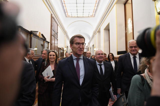 El presidente del Partido Popular, Alberto Núñez Feijóo (c), en el Congreso de los Diputados, a 29 de febrero de 2024, en Madrid (España).