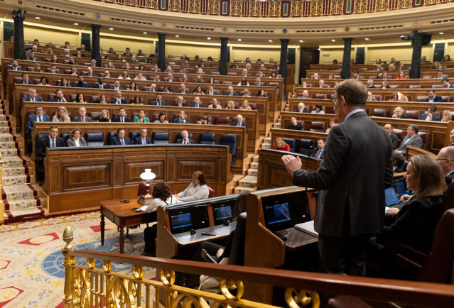 El presidente del PP, Alberto Núñez Feijóo, interviene durante una sesión de control al Gobierno, en el Congreso de los Diputados, a 28 de febrero de 2024, en Madrid (España)
