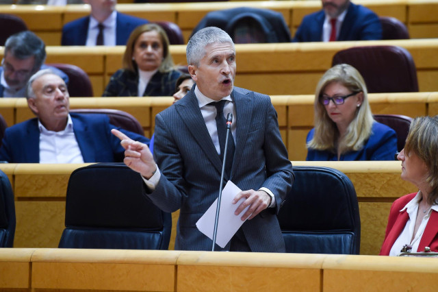 El ministro del Interior, Fernando Grande-Marlaska, durante una sesión de control al Gobierno, en el Senado, a 12 de marzo de 2024, en Madrid (España).