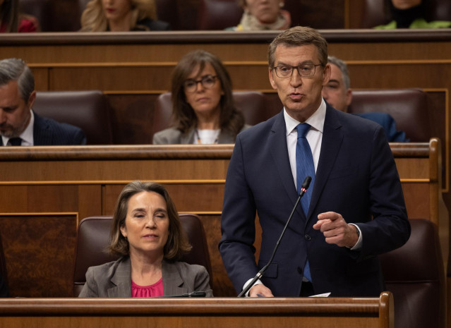 El líder del PP, Alberto Núñez Feijóo, interviene durante una sesión de control al Gobierno, en el Congreso de los Diputados, a 13 de marzo de 2024, en Madrid (España).  El denominado 'caso Koldo', la supuesta trama de mordidas en contratos de material an