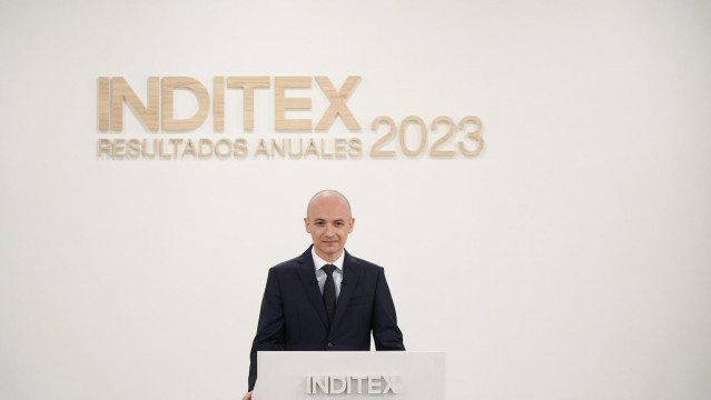 El consejero delegado de Inditex, Óscar García Maceiras, durante la presentación de los resultados del ejercicio 2023 de Inditex,