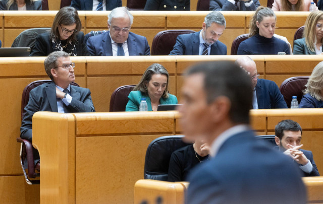 Archivo - El líder del PP, Alberto Núñez Feijóo y la secretaria general del PP, Cuca Gamarra, durante una intervención del presidente del Gobierno, en una sesión extraordinaria del Congreso, en el Palacio del Senado, a 18 de enero de 2024, en Madrid (Espa