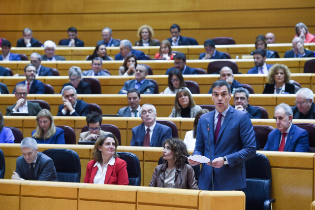 El presidente del Gobierno, Pedro Sánchez, durante una sesión de control al Gobierno, en el Senado, a 12 de marzo de 2024, en Madrid (España). El presidente del Gobierno comparece por primera vez esta legislatura en la sesión de control del Senado donde e