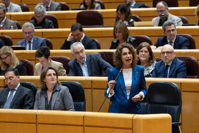 La vicepresidenta primera y ministra de Hacienda, María Jesús Montero, durante un pleno en el Senado, a 19 de marzo de 2024, en Madrid (España). La Mesa del Senado ha dado el visto bueno a tramitar la proposición de Ley orgánica de Amnistía y ha decidido