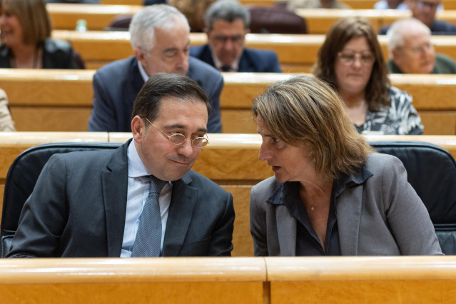 El Ministro de Asuntos Exteriores, José Manuel Albares y la vicepresidenta tercera y ministra para la Transición Ecológica y el Reto Demográfico, Teresa Ribera, durante un pleno en el Senado
