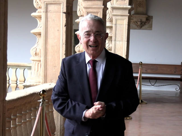 El expresidente de Colombia Álvaro Uribe en el Colegio Fonseca de la Universidad de Salamanca