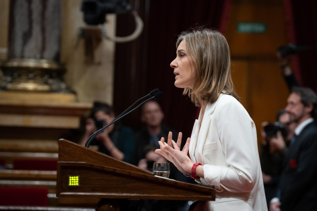 La líder de los comuns en el Parlament, Jéssica Albiach, interviene durante el pleno del debate a la totalidad de Presupuestos 2024 en el Parlament, a 13 de marzo de 2024, en Barcelona, Catalunya (España).