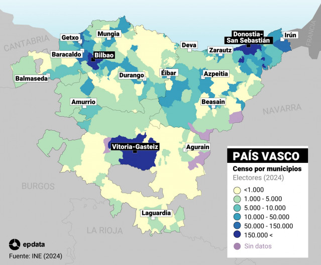Mapa que representa el censo electoral para las elecciones que se celebrarán el próximo 21 de abril de 2024 en el País Vasco