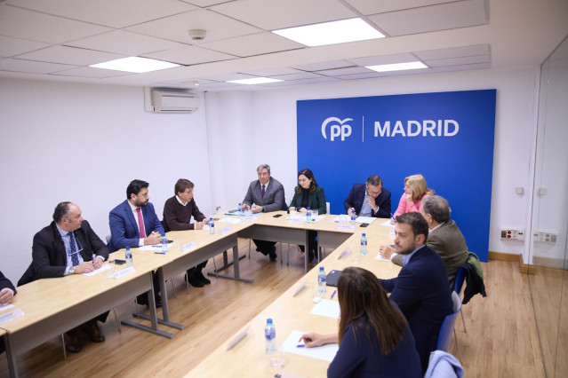 La presidenta de la Comunidad de Madrid y presidenta del PP de Madrid, Isabel Díaz Ayuso (5i); el secretario general del PP de Madrid, Alfonso Serrano (6i), y la vicealcaldesa de Madrid y delegada de Seguridad y Emergencias, Inma Sanz (7i), durante el Com