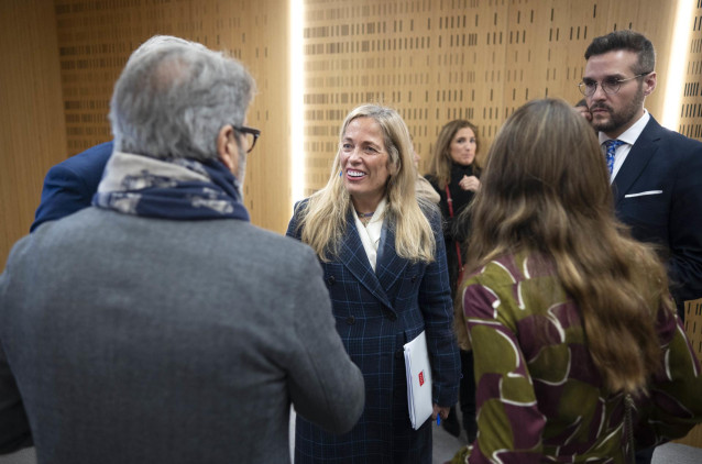 La consejera de Economía de la CAM, Rocío Albert, a su llegada a un desayuno Madrid de Europa Press, en el Auditorio ‘Meeting Place’, a 18 de marzo de 2024, en Madrid (España).