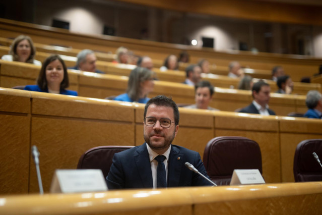 El presidente de la Generalitat, Pere Aragonès, durante la reunión de la Comisión General de las Comunidades Autónomas, en el Senado, a 8 de abril de 2024, en Madrid (España). La reunión de la Comisión General de las Comunidades Autónomas ha sido convocad