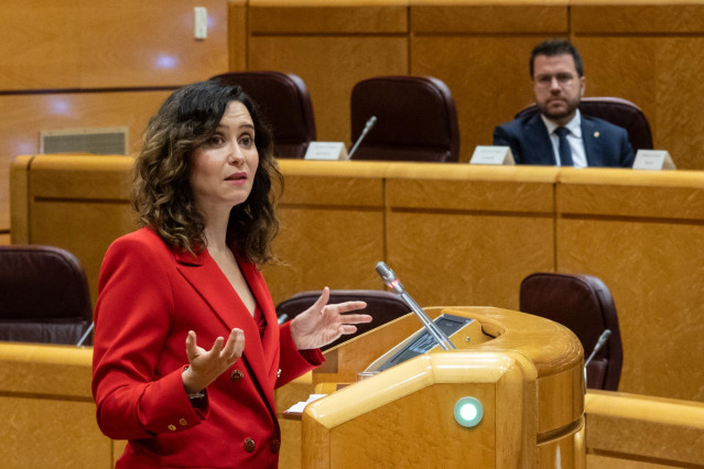 La presidenta de la Comunidad de Madrid, Isabel Díaz Ayuso, interviene durante la reunión de la Comisión General de las Comunidades Autónomas, en el Senado, a 8 de abril de 2024, en Madrid (España). La reunión de la Comisión General de las Comunidades Aut