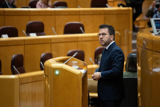 El presidente de la Generalitat de Catalunya, Pere Aragonès, interviene durante la reunión de la Comisión General de las Comunidades Autónomas, en el Senado, a 8 de abril de 2024, en Madrid (España). La reunión de la Comisión General de las Comunidades Au