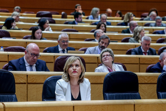 La Ministra de Educación, Formación Profesional y Deportes, Pilar Alegría, durante una sesión de control al Gobierno, en el Senado, a 9 de abril de 2024, en Madrid (España).