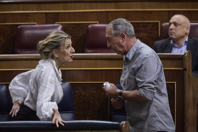 Archivo - La vicepresidenta segunda y ministra de Trabajo y Economía Social, Yolanda Díaz y el portavoz de Compromís en el Congreso, Joan Baldoví, durante una sesión plenaria en el Congreso