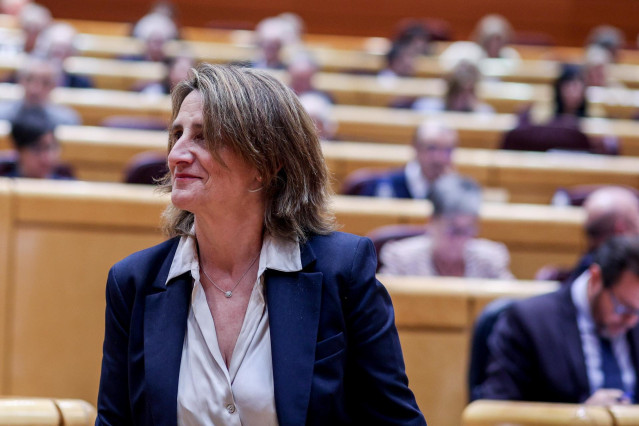 La vicepresidenta tercera y ministra para la Transición Ecológica y el Reto Demográfico, Teresa Ribera, durante una sesión de control al Gobierno, en el Senado