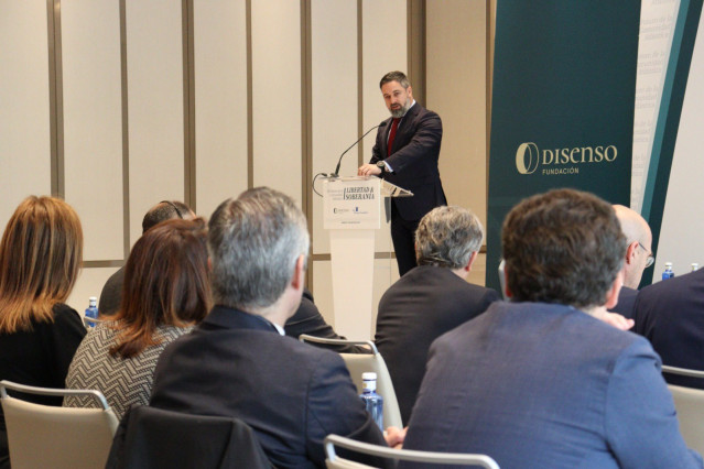El presidente de Vox, Santiago Abascal, inaugura el foro 'El futuro de la Comunidad Atlántica. Libertad y Soberanía', organizado por la Fundación Disenso y Heritage.