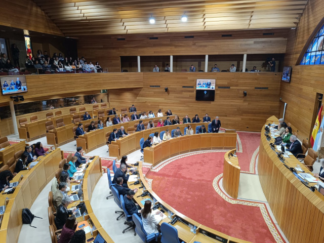 El presidente de la Xunta, Alfonso Rueda, interviene durante la sesión de control del Parlamento de Galicia