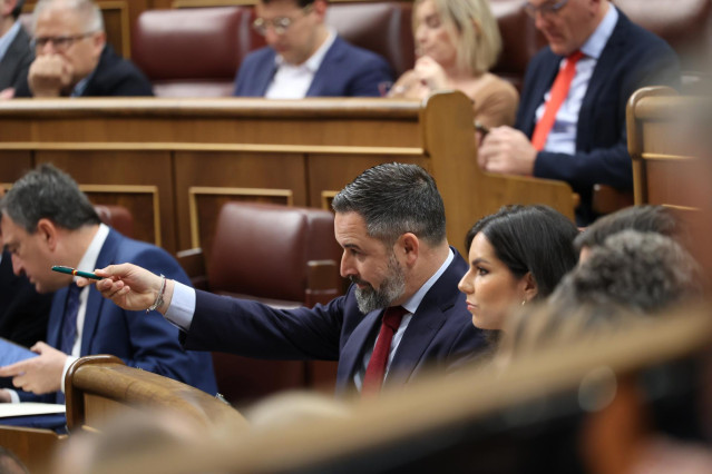 El líder de Vox, Santiago Abascal (2i), y la portavoz de VOX en el Congreso, Pepa Millán (3i), durante una sesión de control al Gobierno, en el Congreso de los Diputados, a 24 de abril de 2024, en Madrid (España).