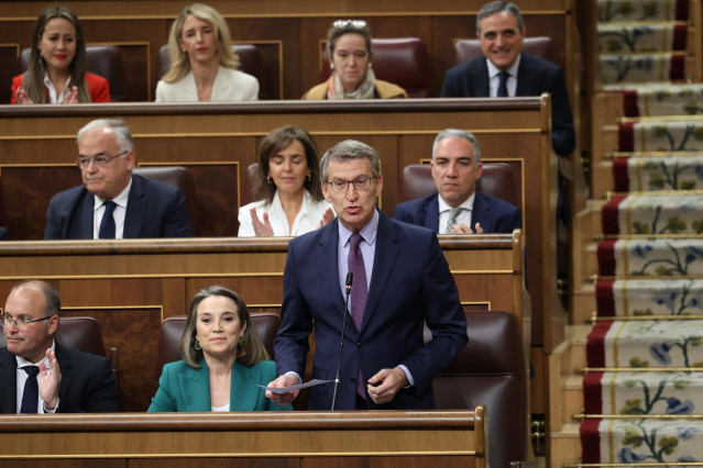 El presidente del PP, Alberto Núñez Feijóo, interviene durante una sesión de control al Gobierno, en el Congreso de los Diputados, a 24 de abril de 2024, en Madrid (España). Durante la sesión de control, se han abordado cuestiones relacionadas con el aume