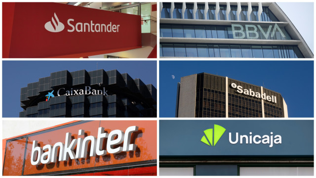 Archivo - Logos de Banco Santander, BBVA, CaixaBank, Banco Sabadell, Bankinter y Unicaja
