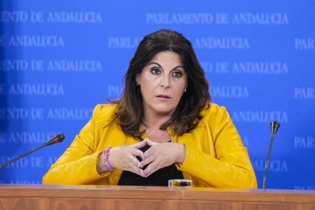 La portavoz del Grupo Parlamentario Socialista, Ángeles Férriz, durante la ronda de ruedas de prensa de portavoces de los grupos parlamentarios en el Parlamento de Andalucía, a 30 de abril de 2024 en Sevilla (Andalucía, España). Los portavoces de los grup