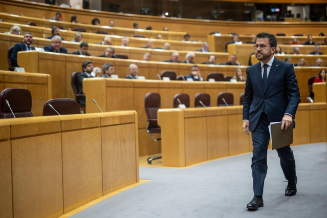 El presidente de la Generalitat de Catalunya, Pere Aragonès, durante la reunión de la Comisión General de las Comunidades Autónomas, en el Senado, a 8 de abril de 2024, en Madrid (España). La reunión de la Comisión General de las Comunidades Autónomas ha