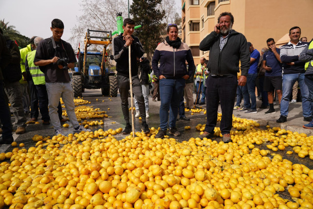 Archivo - Agricultores arrojan limones en la puerta de la Subdelegación del Gobierno de Málaga,