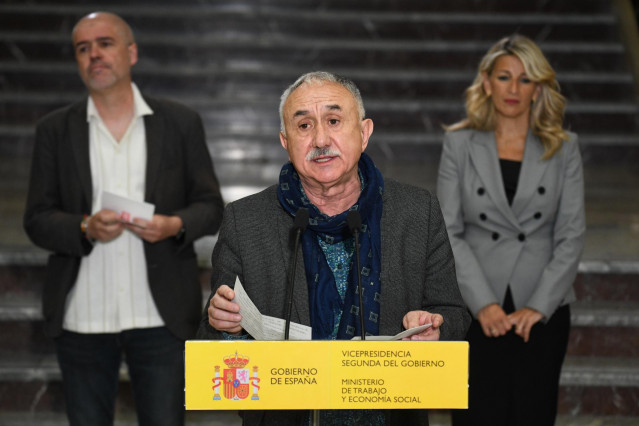 El secretario general de UGT, Pepe Álvarez, durante la firma de un acuerdo de diálogo social con UGT y CCOO, en la sede del Ministerio, a 8 de mayo de 2024, en Madrid (España).