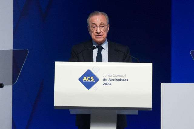 El presidente del Real Madrid, Florentino Pérez, interviene durante la junta general ordinaria de accionistas 2024, en la Feria de Madrid Ifema, a 10 de mayo de 2024, en Madrid (España).