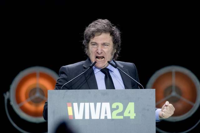 El presidente de Argentina, Javier Milei, durante el acto ‘Viva 24’ de VOX, en el Palacio de Vistalegre, a 19 de mayo de 2024, en Madrid (España).