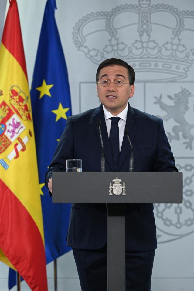 El ministro de Asuntos Exteriores, Unión Europea y Cooperación, José Manuel Albares, durante una comparecencia institucional, en el Complejo de la Moncloa, a 19 de mayo de 2024, en Madrid (España).