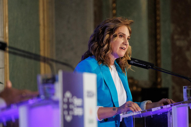 La cabeza de lista de Sumar a las elecciones europeas, Estrella Galán, interviene durante un desayuno informativo dentro del 'Ciclo especial elecciones al Parlamento Europeo', en el Real Casino Gran Círculo de Madrid, a 20 de mayo de 2024, en Madrid (Espa