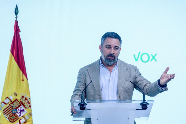El presidente de VOX, Santiago Abascal, durante una rueda de prensa, en la sede del partido, a 20 de mayo de 2024, en Madrid (España).