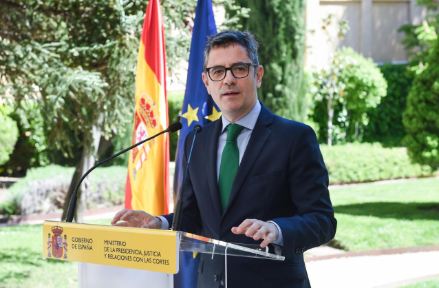 Archivo - El ministro de la Presidencia, Justicia y Relaciones con las Cortes, Félix Bolaños, comparece tras la firma del acuerdo alcanzado con los sindicatos de Justicia, en el Palacio de Parcent, a 11 de abril de 2024,