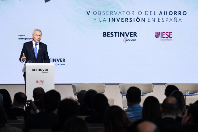 El profesor del IESE, José Luis Suárez, interviene durante un encuentro informativo de Europa Press, en el Campus de ACCIONA, a 21 de mayo de 2024, en Madrid (España).