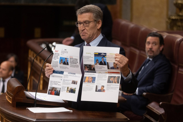 El presidente del PP, Alberto Núñez Feijóo, interviene durante una sesión plenaria, en el Congreso de los Diputados, a 22 de mayo de 2024, en Madrid (España). El presidente del Ejecutivo comparece hoy en el Congreso para tratar el último Consejo Europeo,