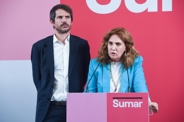 La candidata de Sumar a las elecciones europeas, Estrella Galán, durante una rueda de prensa, en Espacio Rastro, a 20 de mayo de 2024, en Madrid (España).