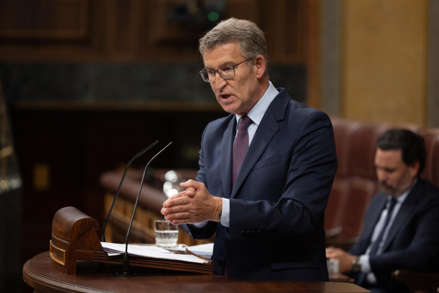 El presidente del PP, Alberto Núñez Feijóo, interviene durante una sesión plenaria, en el Congreso de los Diputados, a 22 de mayo de 2024, en Madrid (España). El presidente del Ejecutivo comparece hoy en el Congreso para tratar el último Consejo Europeo,