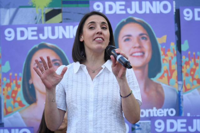 La candidata de Podemos a las elecciones europeas, Irene Montero, interviene durante el inicio de la campaña electoral de Podemos, en la plaza de Arturo Barea, a 23 de mayo de 2024, en Madrid (España).