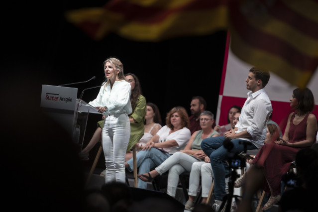 Archivo - La líder de Sumar Yolanda Díaz, durante un acto de campaña electoral del 23J en Zaragoza.