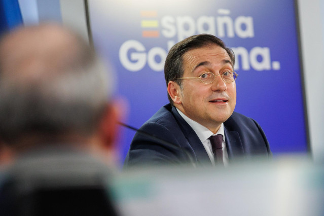 El ministro de Asuntos Exteriores, Unión Europea y Cooperación, José Manuel Albares, durante una rueda de prensa posterior a la reunión del Consejo de Ministros, a 21 de mayo de 2024, en Madrid (España).