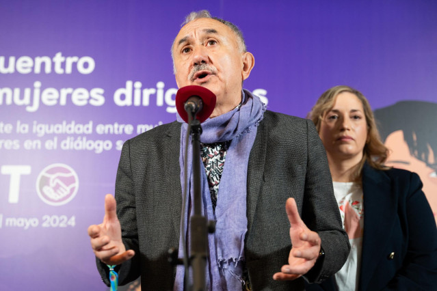 El secretario general de UGT, Pepe Álvarez, y la secretaria general de UGT Madrid, Marina Prieto, durante la inauguración del 'II Encuentro de Mujeres Dirigentes’ organizado por UGT, en el Hotel PCM Alcalá, a 22 de mayo de 2024, en Alcalá de Henares.