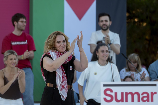 La candidata de Sumar para las elecciones europeas, Estrella Galán, durante un acto por Palestina, en las taquillas del Auditorio Miguel Ríos, a 28 de mayo de 2024, en Rivas Vaciamadrid, Madrid (España).